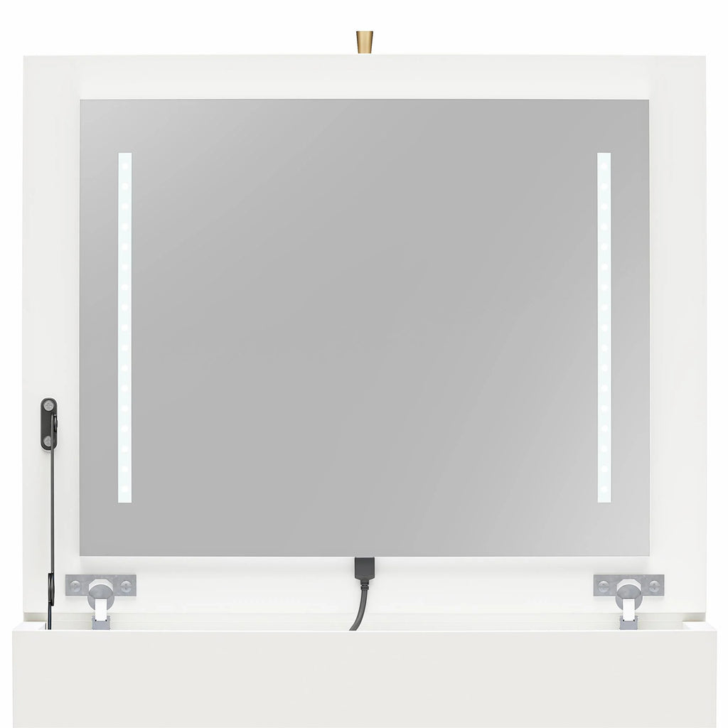 Ameriwood Home Compact 3-in-1 Vanity Set, Makeup Storage Desk & Stool, Mirror w/ LED lights & USB Charging Station, White