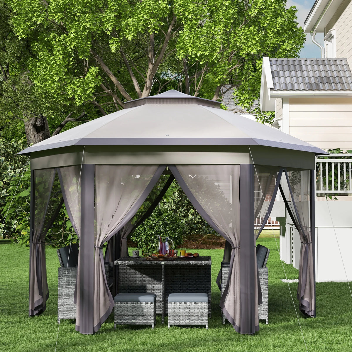 Outsunny 13' x 13' Pop Up Gazebo Hexagonal Canopy with 6 Zippered Mesh Netting, 2-Tier Roof Event Tent with Steel Frame for Patio Backyard, Gray