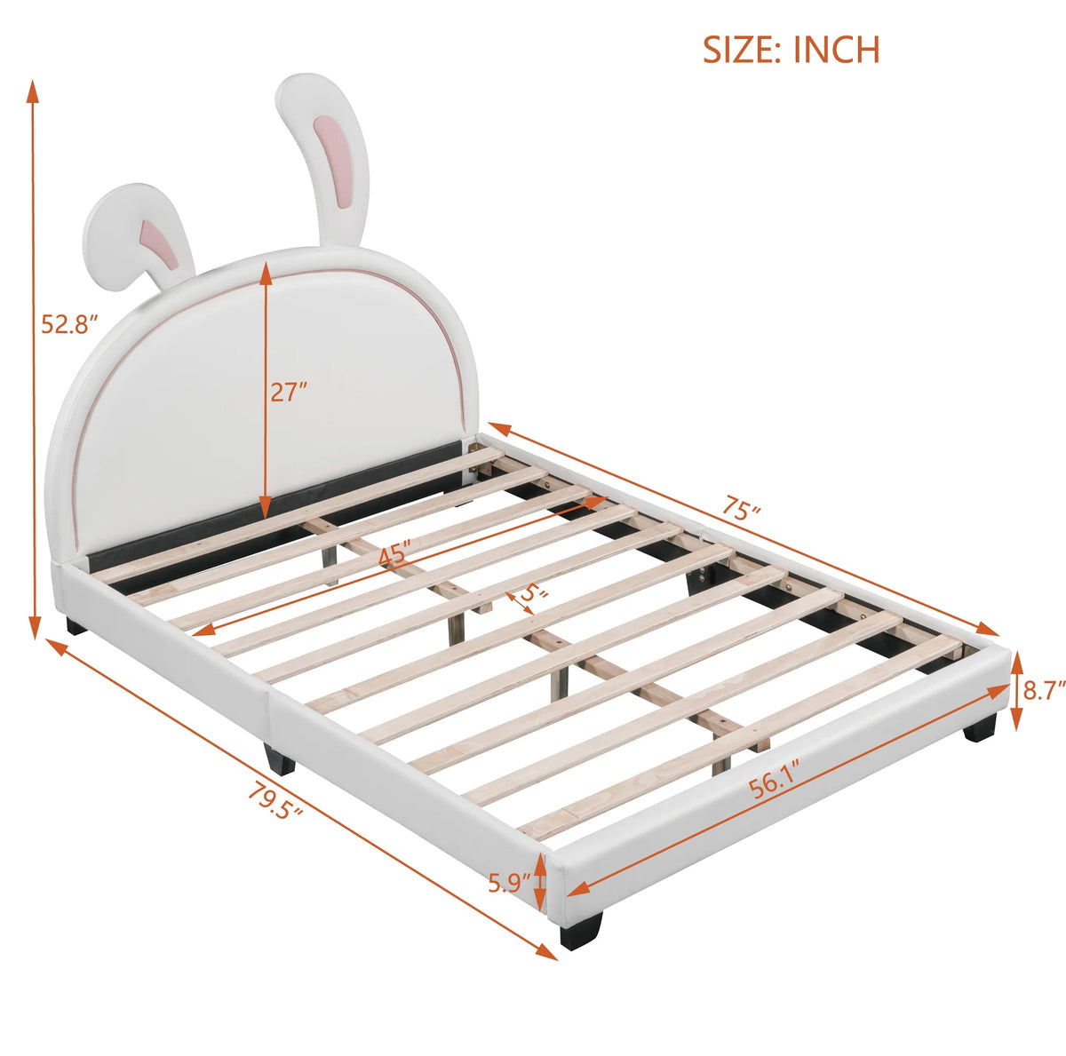 Euroco Upholstered Full Size Platform Bed, PU Cartoon Bunny Bed for Kids, Gray