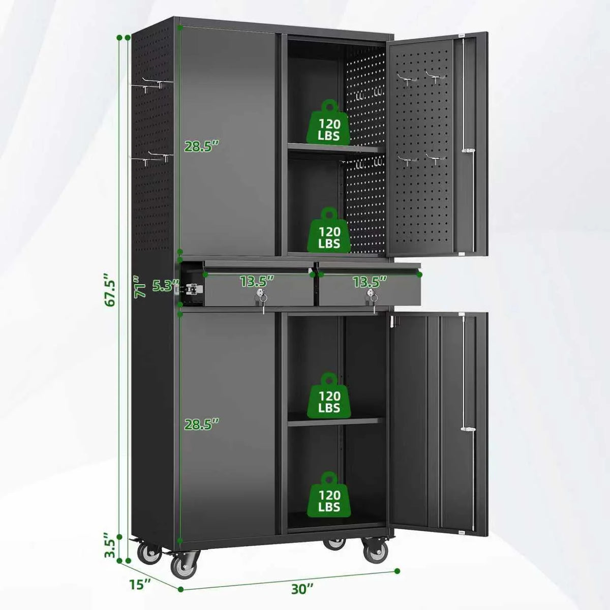 GangMei 71 Inches Tall Metal Garage Storage Cabinets with 5 Adjustable Shelves & Pegboards, Lockable Steel Black Storage Cabinet with Doors for Office, Home, School, Shops, Garage, Assembly required