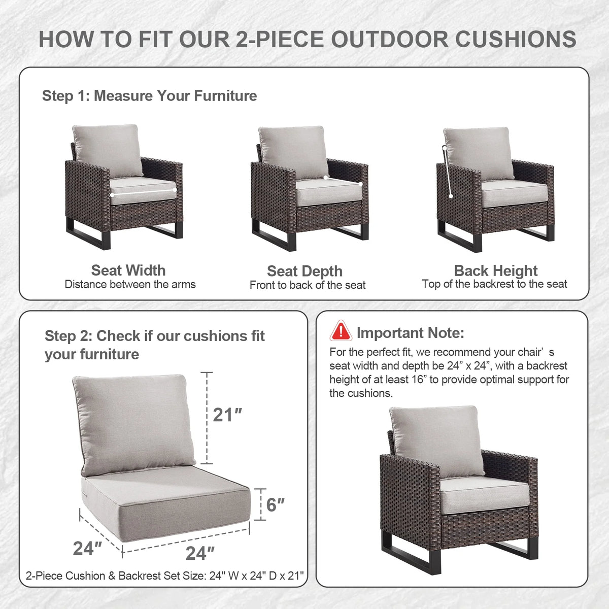 Bellefurn Outdoor Deep Seat Cushion 24 X 24 X 6 inch for Patio Furniture,Outdoor Chair Cushions Waterproof & Fade Resistant Patio Furniture Cushions for Wicker Chair, Sofa, Couch