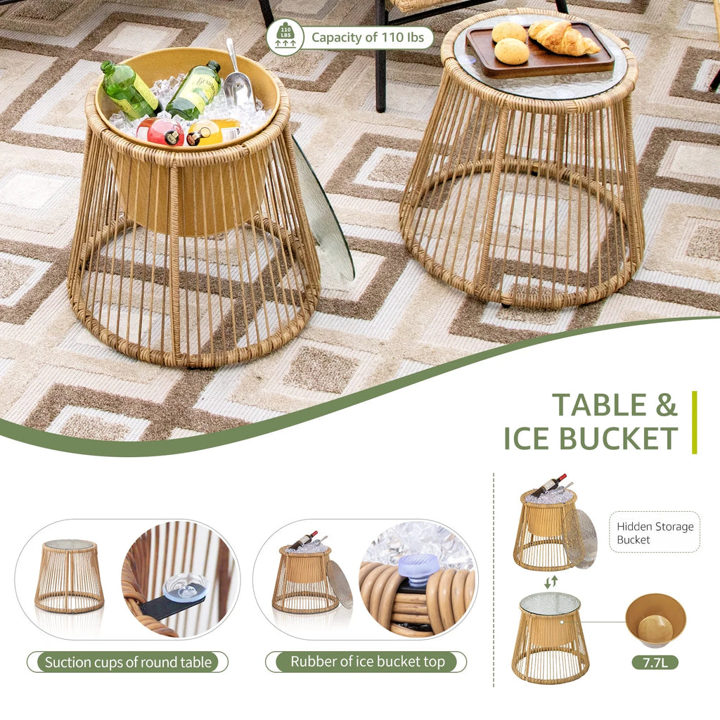 RADIATA 6-Piece Boho Patio Furniture Set, Outdoor Wicker Sectional Sofa Conversation Set with Ice Bucket & Coffee Table, 500lbs Capacity, Beige