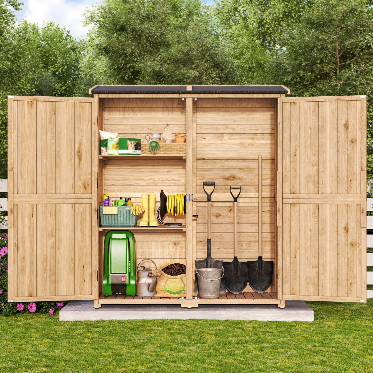 Asofer Outdoor Storage Shed, Storage Cabinet Clearance, Wooden Tool Shed, Deck Cabinet for Outside Patio Lawn