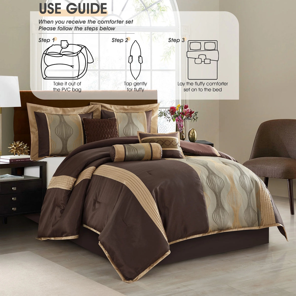 Lanco Black Silver Comforter Set , California King Size , 7 Pieces Fashion Jacquard Bedding Set