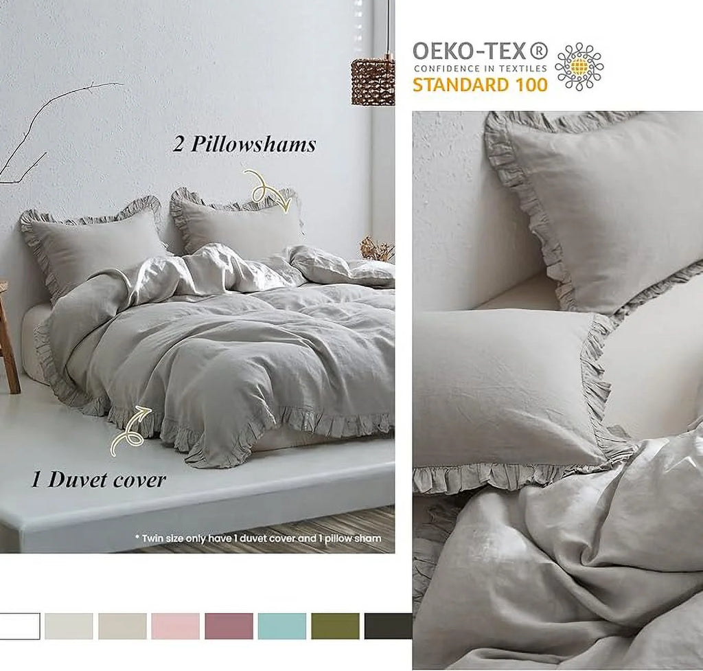 Simple&Opulence 100% Washed Linen Duvet Cover Set-3 Pieces Shabby Chic Premium Ruffled Bedding with 1 Comforter Cover and 2 Pillowshams France Flax High End Frill Sets Vintage Style(King, White)