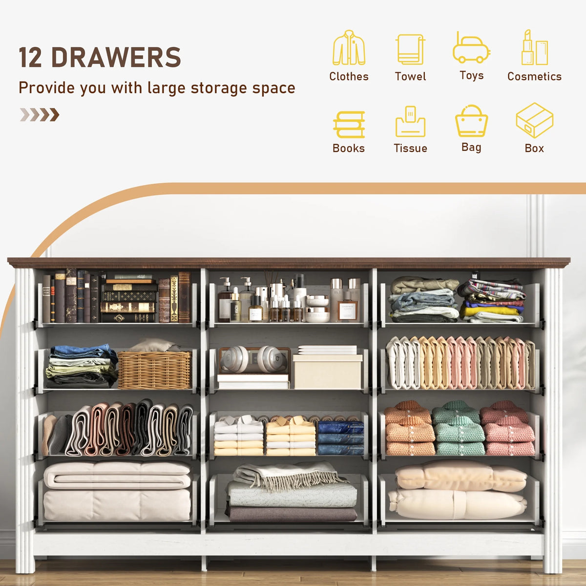 ChVans Farmhouse 12 Drawers Dresser for Bedroom, 63'' Wide Wood Rustic Chest of Drawers with Natural Texture, Vintage Design, Large Storage Dressers Organizer for Living Room, Hallway