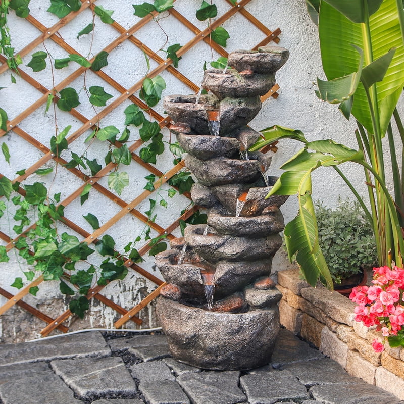 10-Tier Rock Waterfall Fountain 39.76" Cascading LED Feature for Garden & Patio