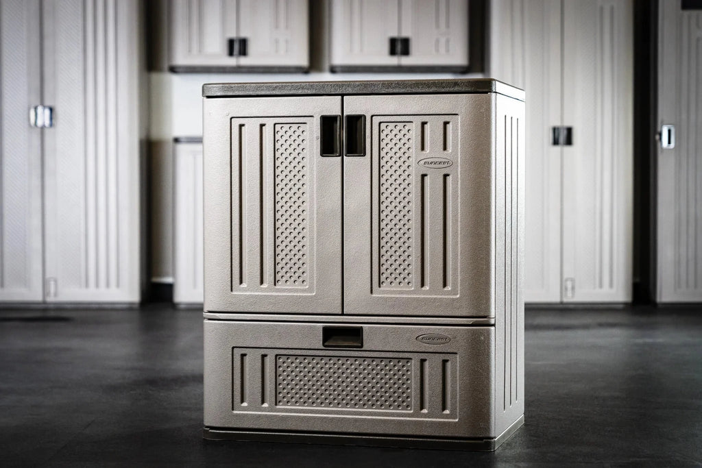 Suncast Single Drawer Resin Base Storage Cabinet, Platinum Metallic