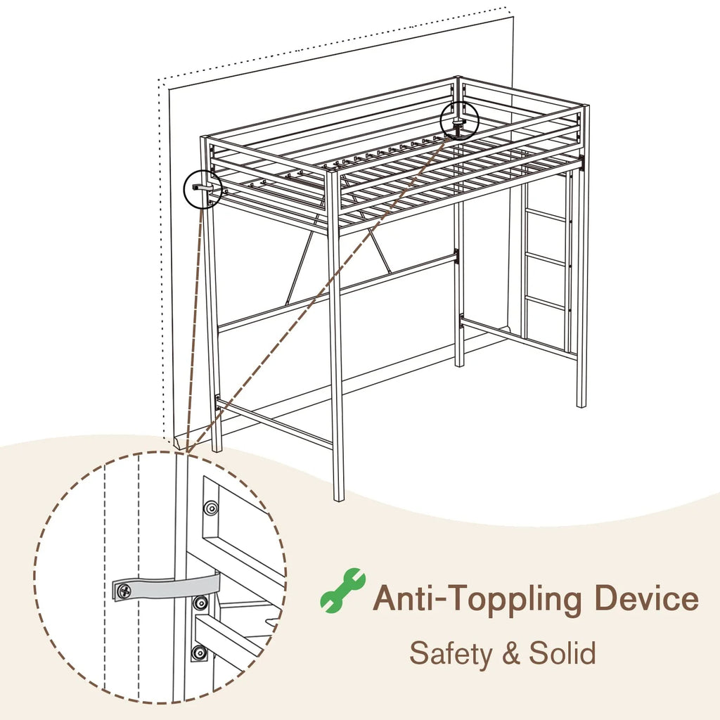 Einfach Metal Twin Size Loft Bed with Removable Ladder & Full-Length Guardrail, White