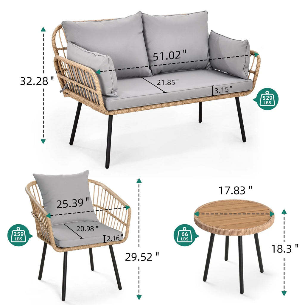 DWVO 4 Pieces Patio Furniture Set, Wicker Outdoor Bistro Set, with a Loveseat Sofa, 2 Wicker Chairs (With Soft Cushions) and Coffee Table, Gray
