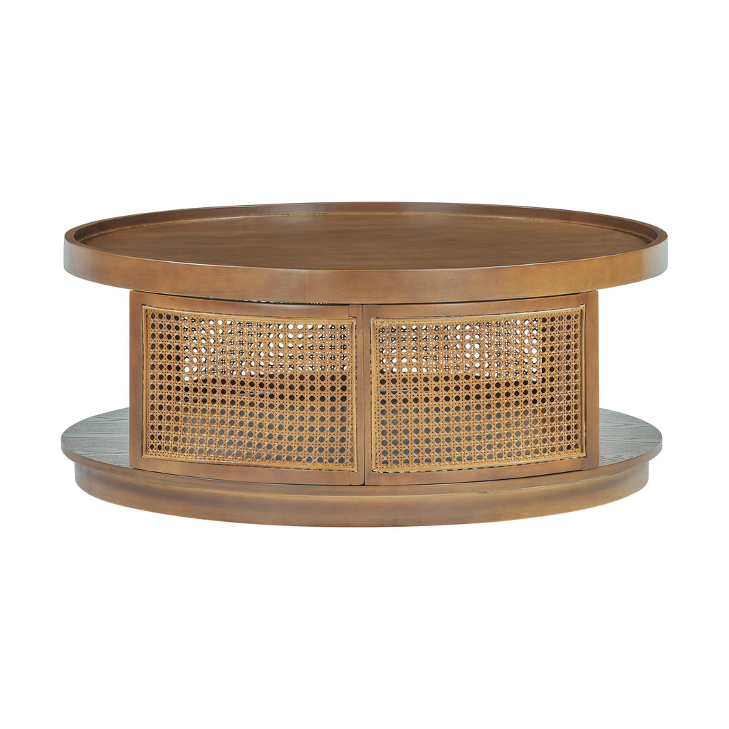 Harper & Bright Designs Rattan Round Coffee Table with Storage Shelf, Round Cane Wood Center Table for Living Room, 37'' Brown