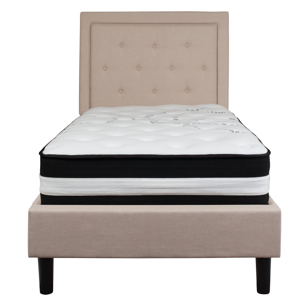 Flash Furniture Roxbury Twin Size Tufted Upholstered Platform Bed in Beige Fabric with Pocket Spring Mattress