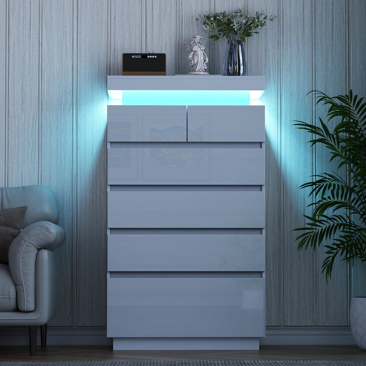 NEGYLIM 6 Drawer White Dresser, High Gloss Dresser with LED Light for Bedroom, Living Room, Hallway, Easy Assembly