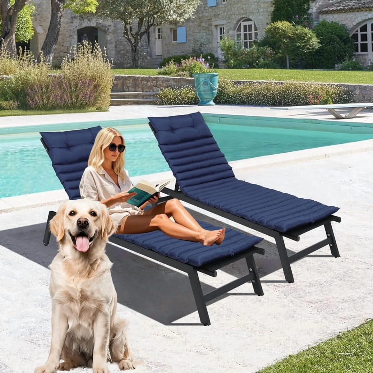 2pcs Outdoor Chaise Lounge Cushions, Waterproof Patio Foldable Chair Cushion for Garden Pool, 73 x 24in Sun Lounger Cushions for Outdoor Furniture Navy blue