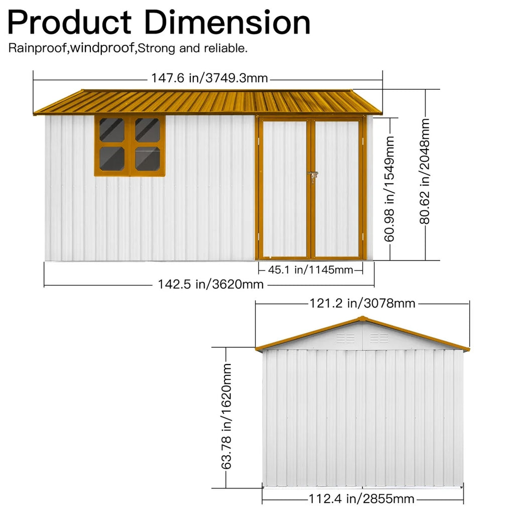 10x12 FT Outdoor Storage Shed, Metal Garden Tool Shed with Vents, Window and Bulit-in Hooks, Waterproof  Organization for Home/Backyard/Garden Tools/Lawn Storage, Yellow+White
