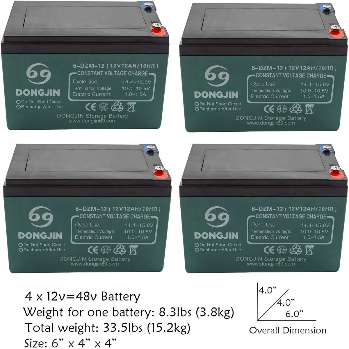 4PCS 6-DZM-12 12V 12AH Rechargeable Battery for Electric Bike Scooter Go Kart 6"(L) x 4"(W) x 4"(H)