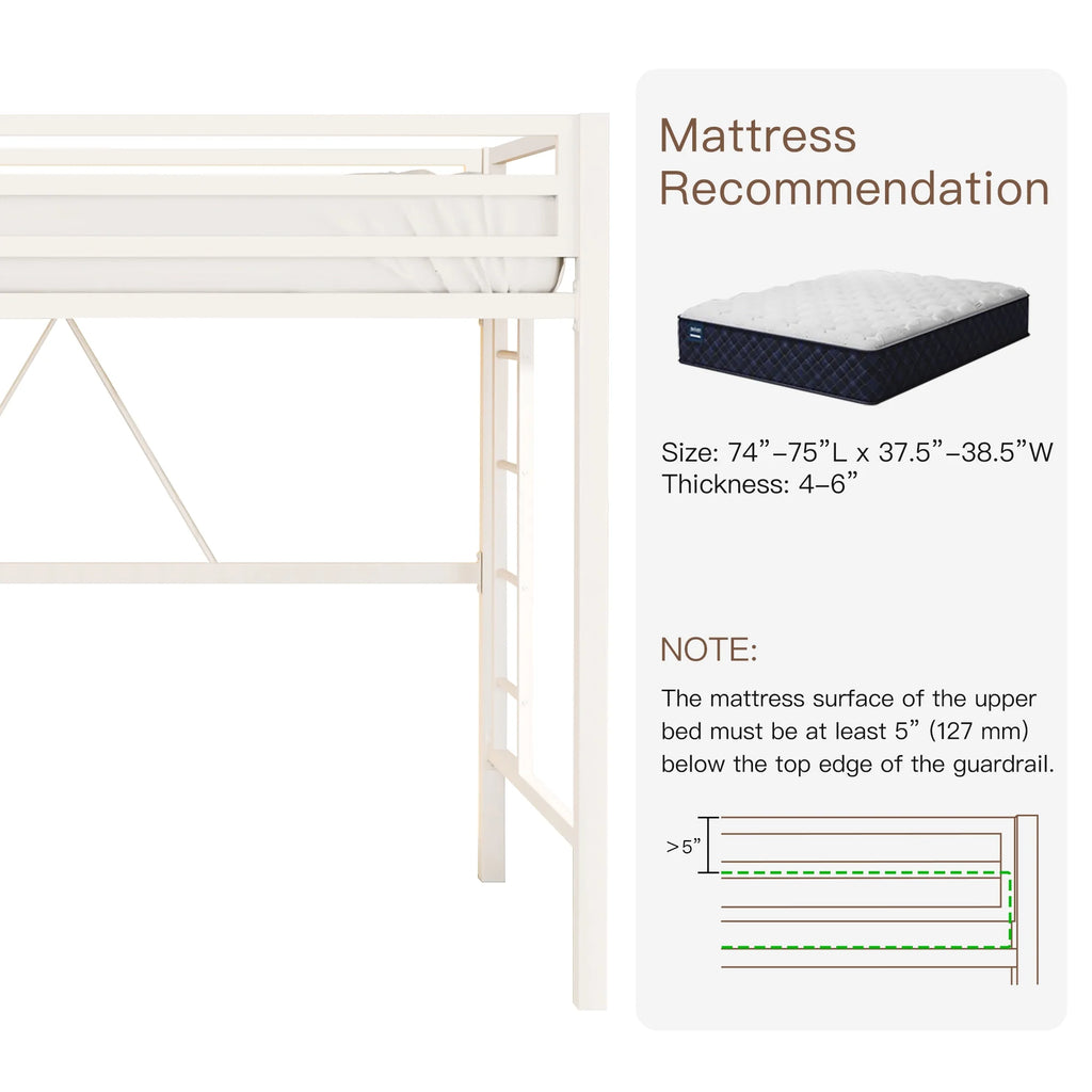 Einfach Metal Twin Size Loft Bed with Removable Ladder & Full-Length Guardrail, White