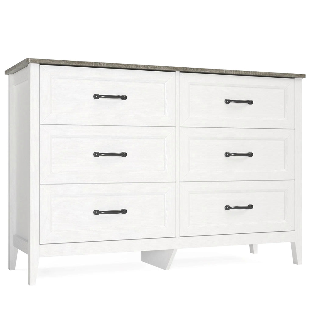 White Dresser, Lofka 6 Drawer Dresser for Bedroom, Chests of Drawers for Living Room, White Brown