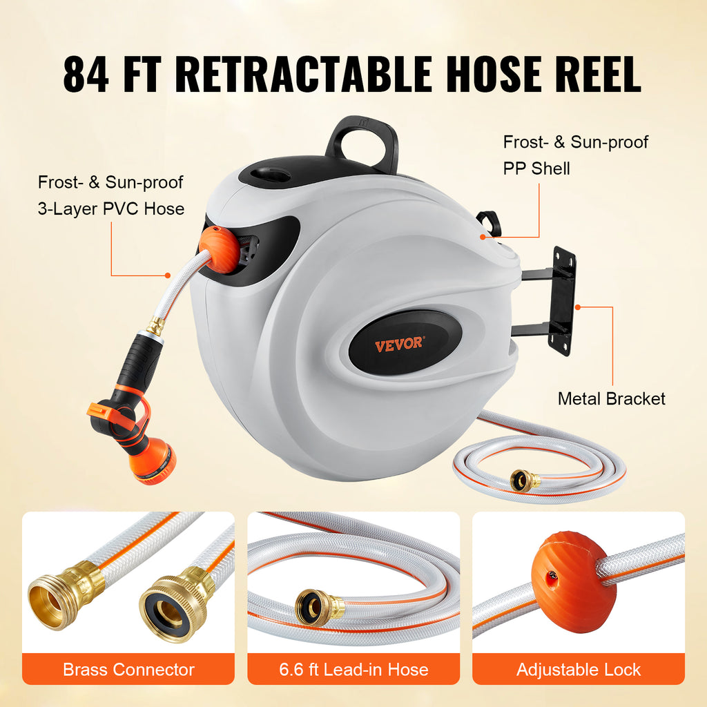 VEVOR Retractable Hose Reel, 84 ft x 5/8 inch, 180 Swivel Bracket Wall-Mounted, Garden Water Hose Reel with 9-Pattern Nozzle, Automatic Rewind, Lock at Any Length, and Slow Return System
