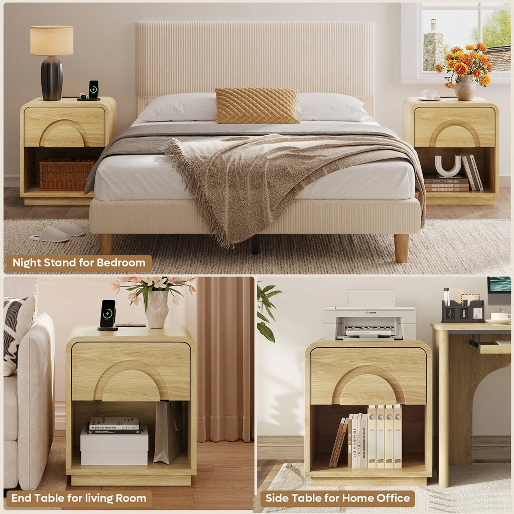 Bestier Nightstands Set of 2 with Charging Station, Modern Bedside Table End Table with Storage Drawer & Open Shelf for Bedroom Living Room Dorm Office, Natural