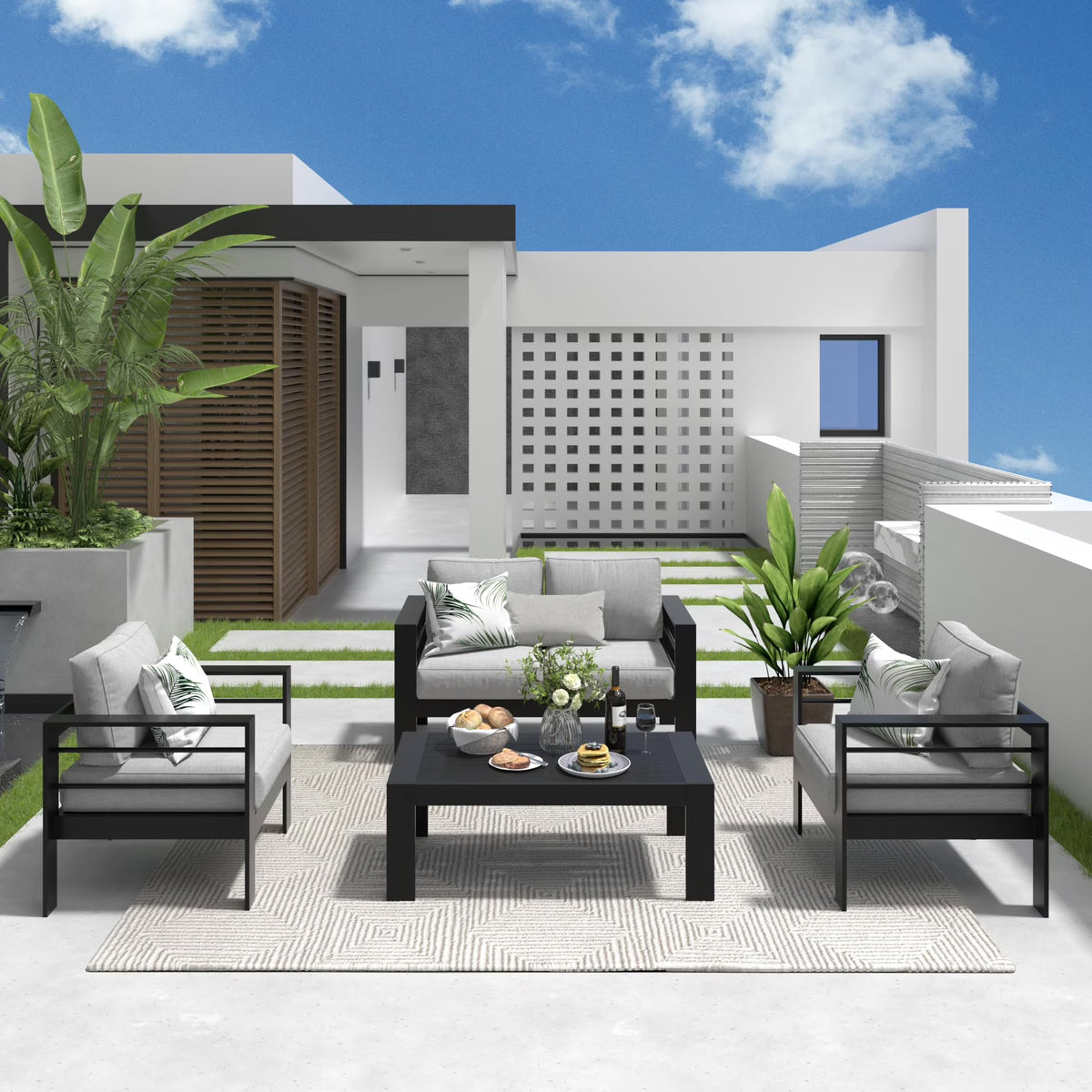 CozyHom 5 Pcs Outdoor Patio Aluminum Furniture Sofa Sets, Outside Patio Conversation Couch Sets With Table&Cushions for Garden Porch, Gray