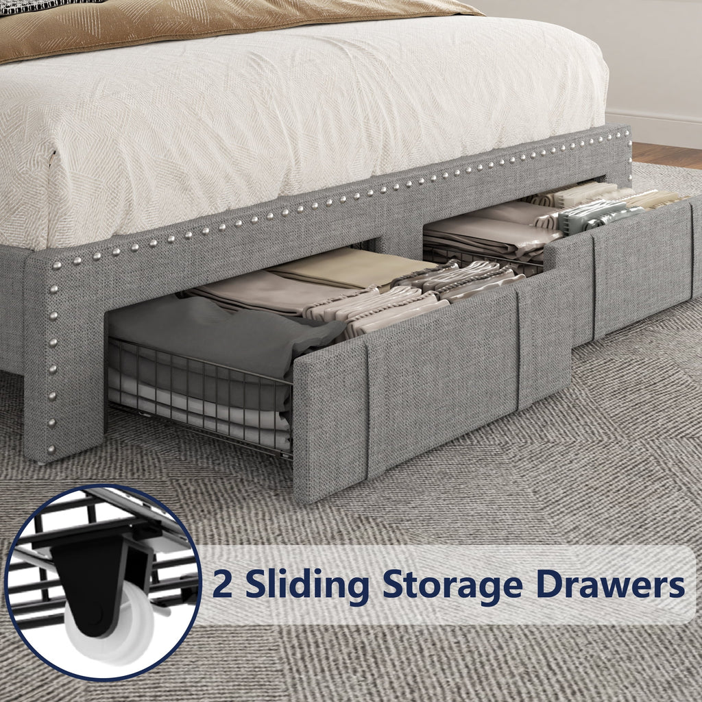Lijimei Queen Bed Frame With Headboard And Storage, Platform Bed Frame Full Size With 2 Drawers, Upholstered Full Size Bed Frame With Storage, Built-in Charging Station, Beige