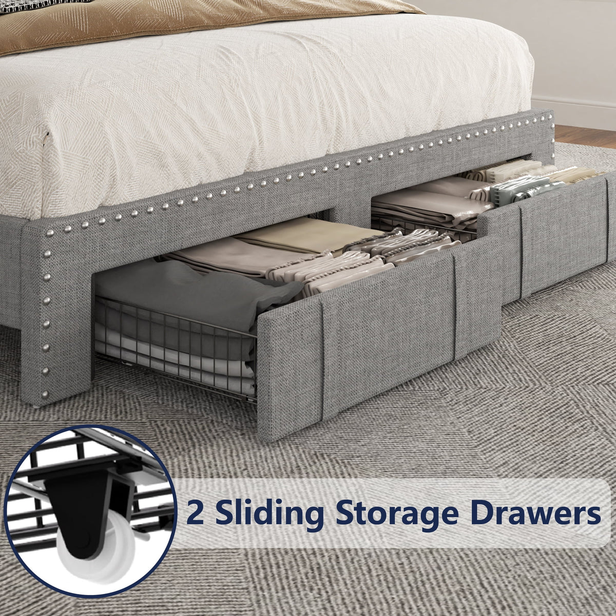 Lijimei Queen Bed Frame With Headboard And Storage, Platform Bed Frame Full Size With 2 Drawers, Upholstered Full Size Bed Frame With Storage, Built-in Charging Station, Beige