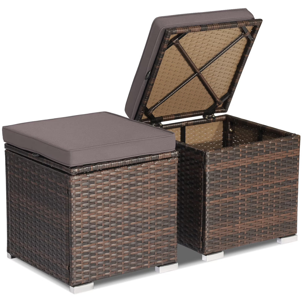 Costway 2PC Patio Rattan Ottoman Seat Side Table Storage Box Footrest Off White