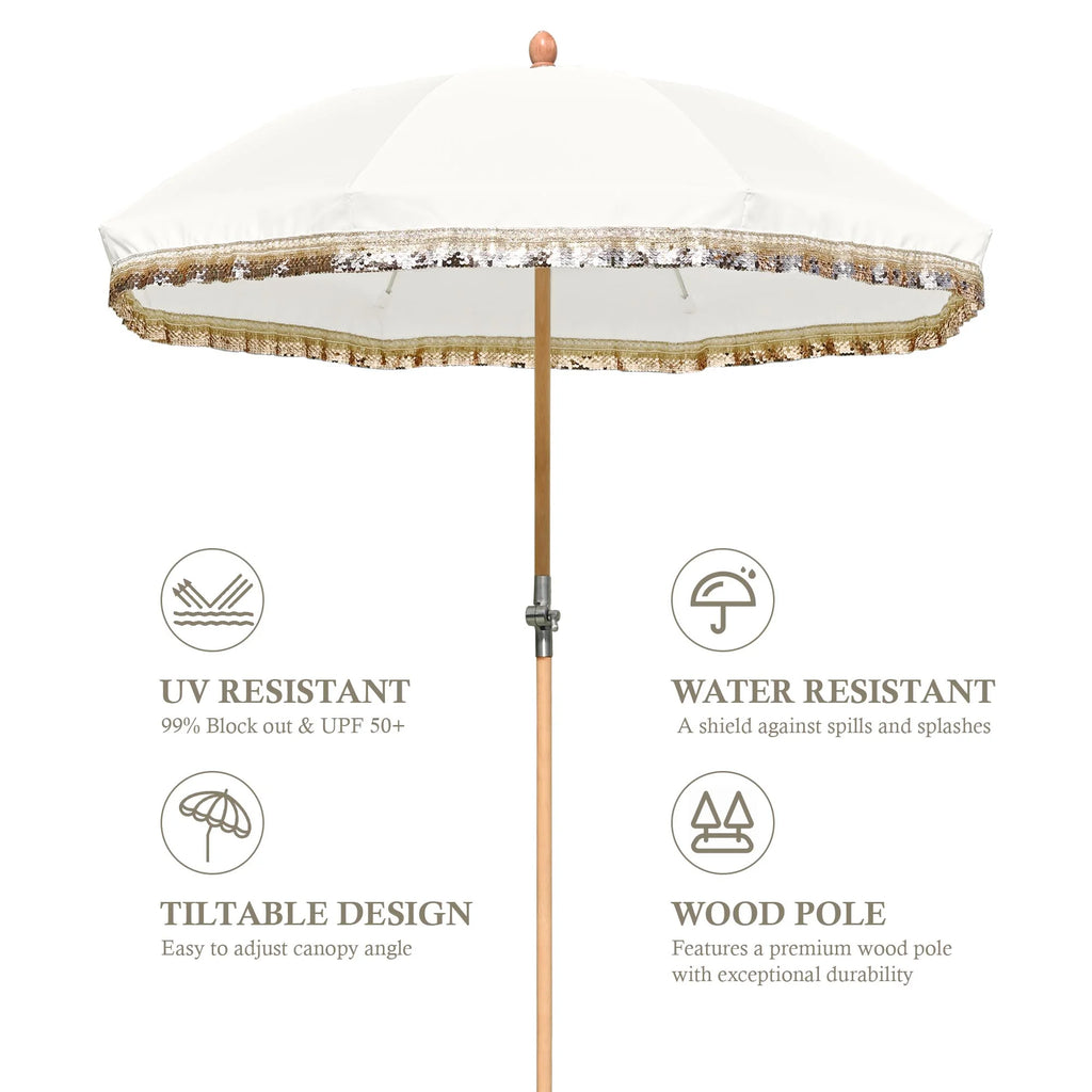 LAGarden 6 Ft Fringe Patio Umbrella with Tassel Jazz Age Wood UPF50+ for Outdoor, Beige with gold tassel,Model: JZ6-01
