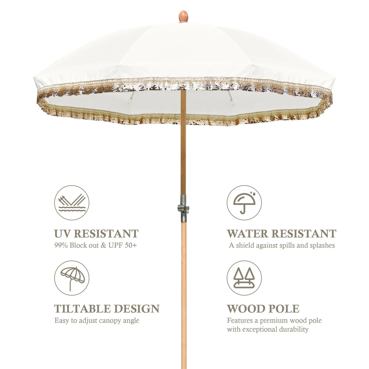 LAGarden 6 Ft Fringe Patio Umbrella with Tassel Jazz Age Wood UPF50+ for Outdoor, Beige with gold tassel,Model: JZ6-01