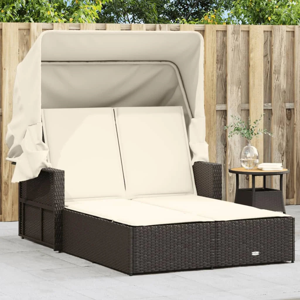 vidaXL Powder Coated Steel Removable Canopy and Cushions Double Sun Lounger, Beige