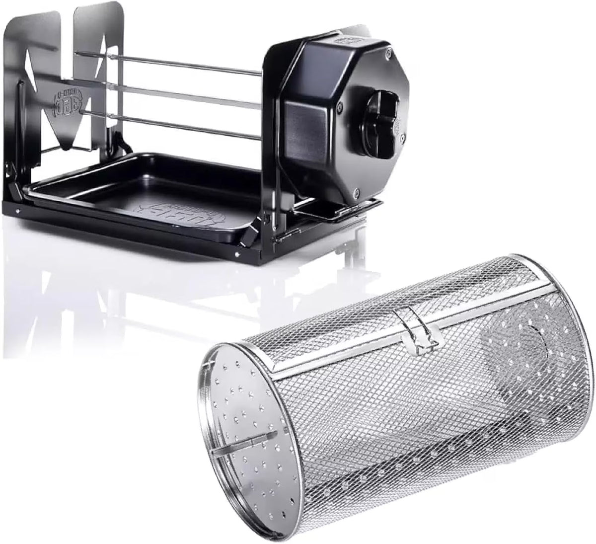 ROTO-Q 360 Cordless Rotisserie Kit w/Tumble Basket - Stainless Steel, Non-Electric - For Grills, Ovens, Smokers - Gas/Charcoal BBQ, Kamado Joe, Green Egg, Kettle - Indoor/Outdoor Use