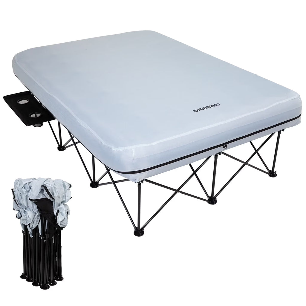 FUNDANGO 2 Person Folding Camping Cots with Air Mattress and Pump Comb, Double Portable  Inflatable  Camp Bed with Side Table, Support 529lbs Camping Bed Queen Size for Adults