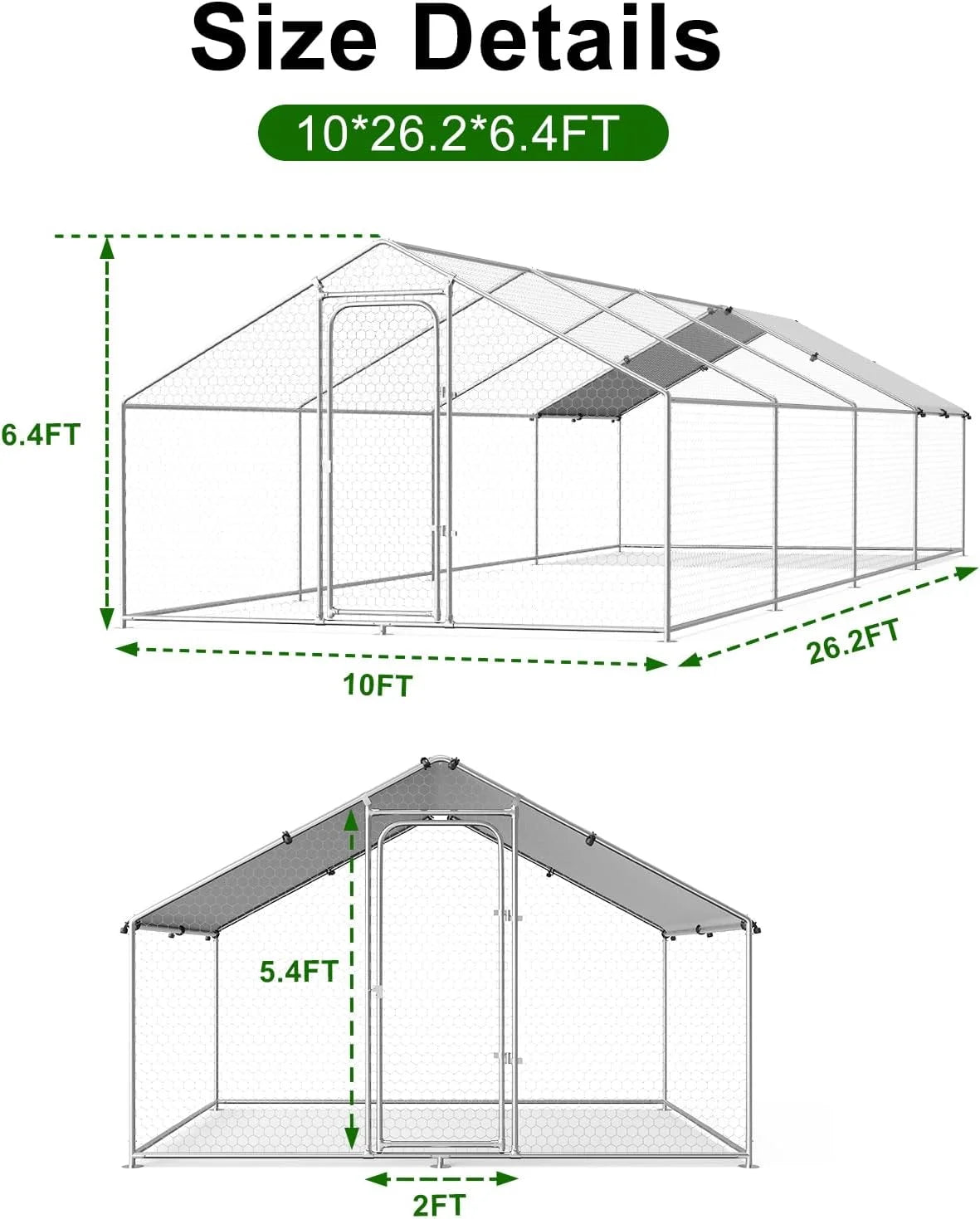 Large Metal Chicken Coop Walk-in Poultry Cage with Waterproof and UV-Resistant Cover Outdoor Chicken Run Hen Rabbit Duck House for Backyard Farm Use Spire Roof(10 W x 4.9 L x 6.4 H)