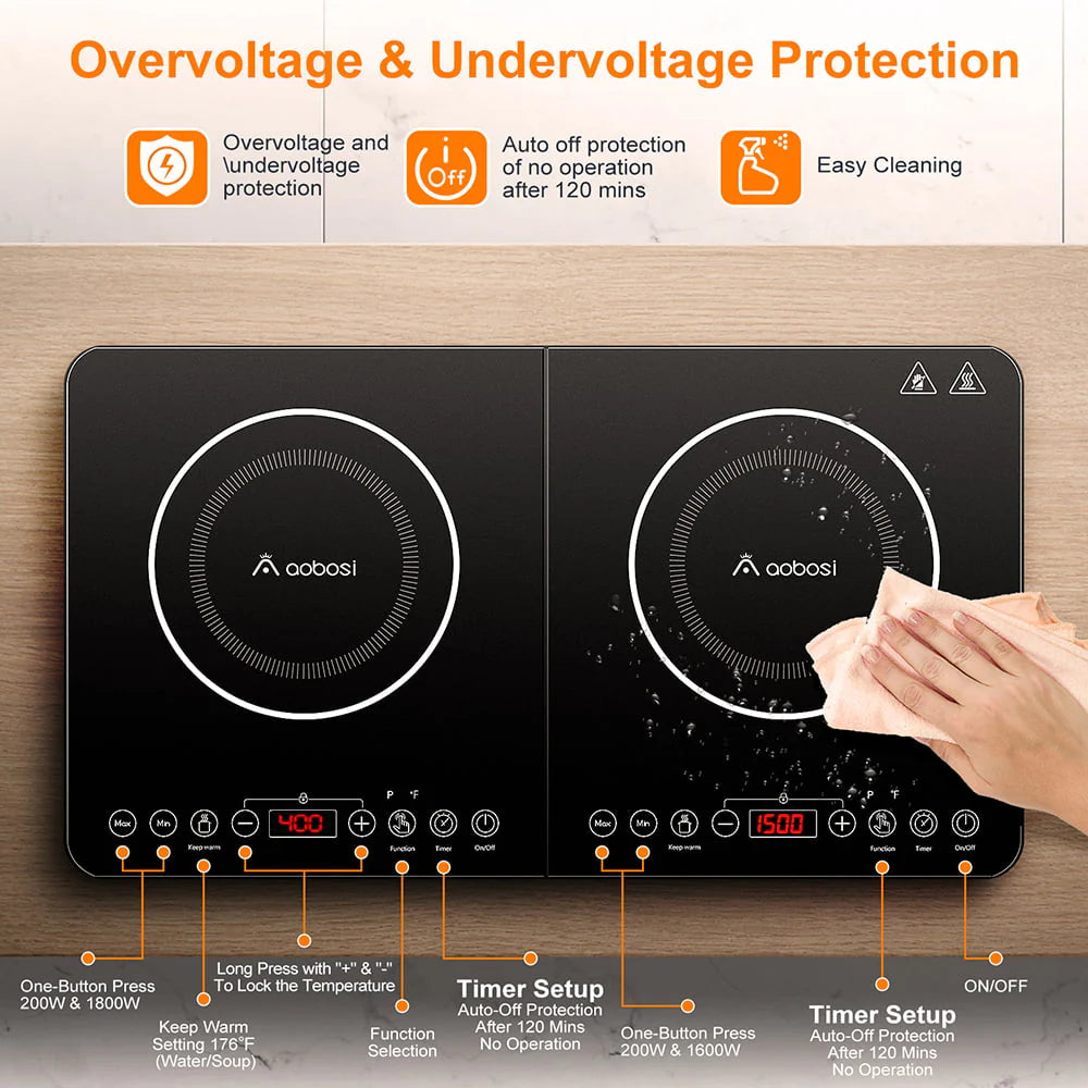 Aobosi Electric Double Induction Cooktop 1800W Portable Ultrathin with Sensor Touch, 10 Temperature 9 Power Settings 4 Hour Timer, Over-heating Protection & Child Safety Lock for Kitchen Garden Office