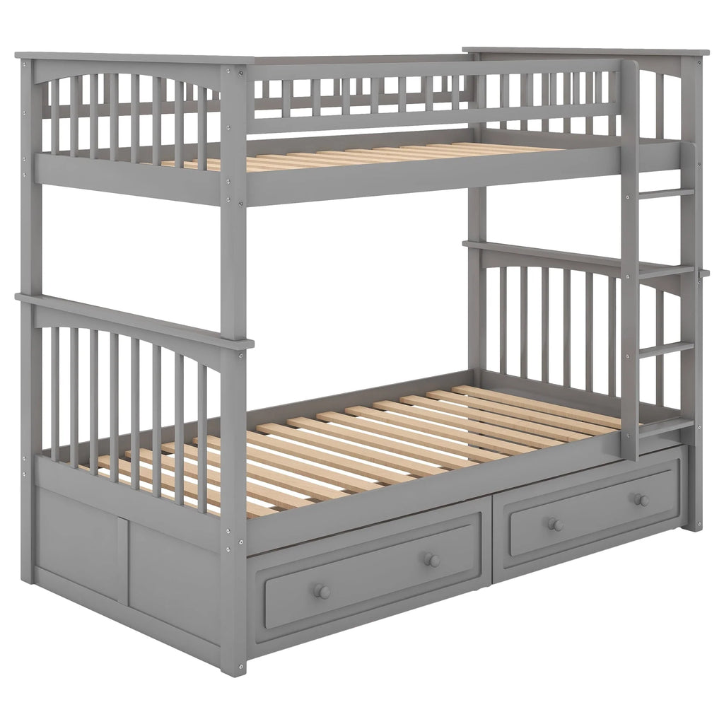 Euroco Pine Wood Bunk Bed with Storage 2 Drawers, Twin-over-Twin Bunk Bed with Safety Rail and Ladder for Kids, Conveted into 2 Single Beds, Sapce-Saving Design, Gray