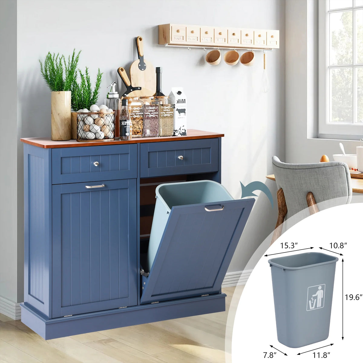 KIGOTY Dual Kitchen Trash Cabinet, Double Tilt Out Trash Can Cabinet with Countertop and Drawer, Free-Standing Pet Proof Recycling Cabinet Garbage Can Holder, Wood (White)