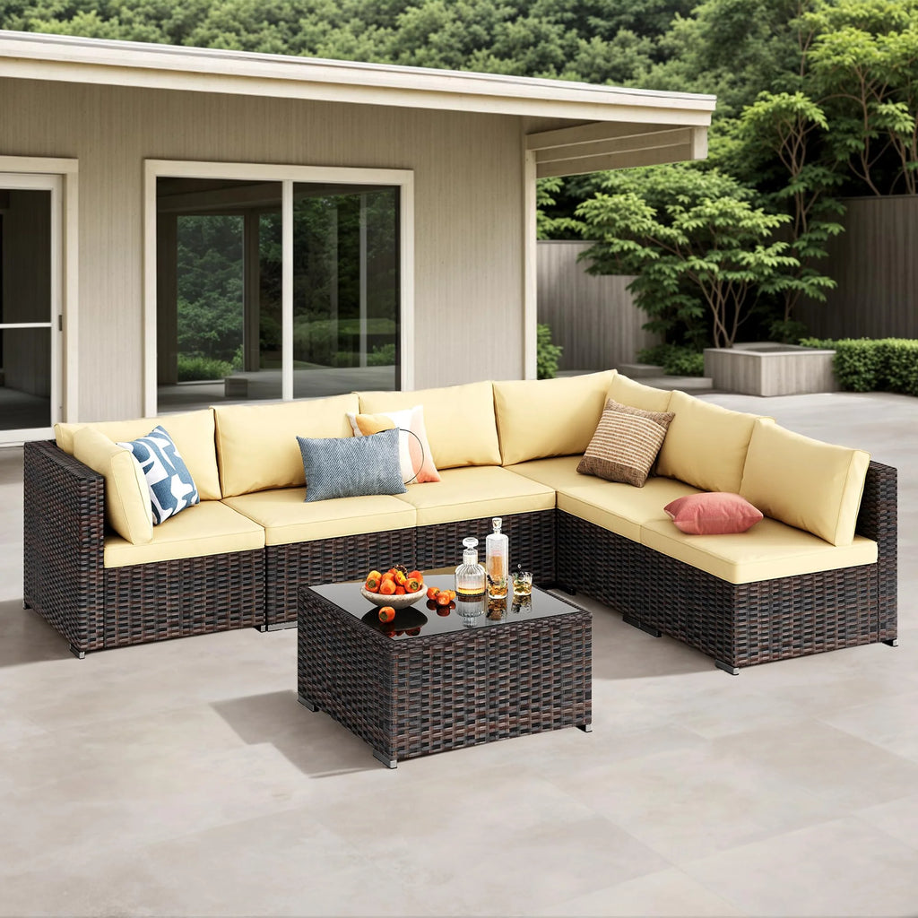 Patio Furniture Set, Lofka 7 Piece Outdoor Sectional Furniture Chair Set with Cushions and Coffee Table, Gray