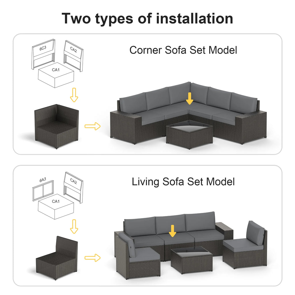 Phonjoroo 13 Pieces Outdoor Patio Furniture Set with 42 Fire Pit Table, Rattan Patio Sectional Sofa Conversation Set w/ 50000 BTU Propane Fire Pit and Coffee Table for Garden, Backyard