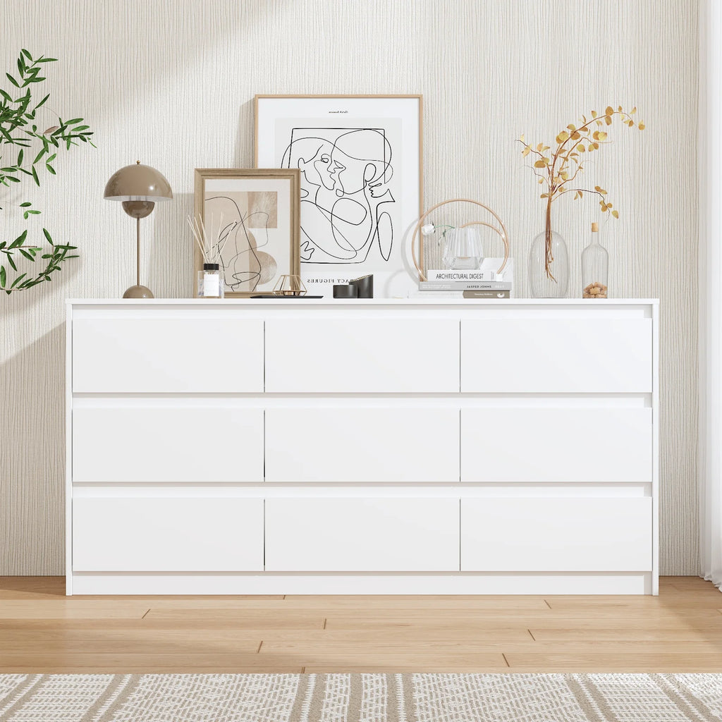 KULAGAGA 9 Drawer Dresser Chest of Drawers, 63 Wide Dressers, Modern Wood Drawer Chest Storage Organizer, No Handle Design for Bedroom Living Room Hallway, White