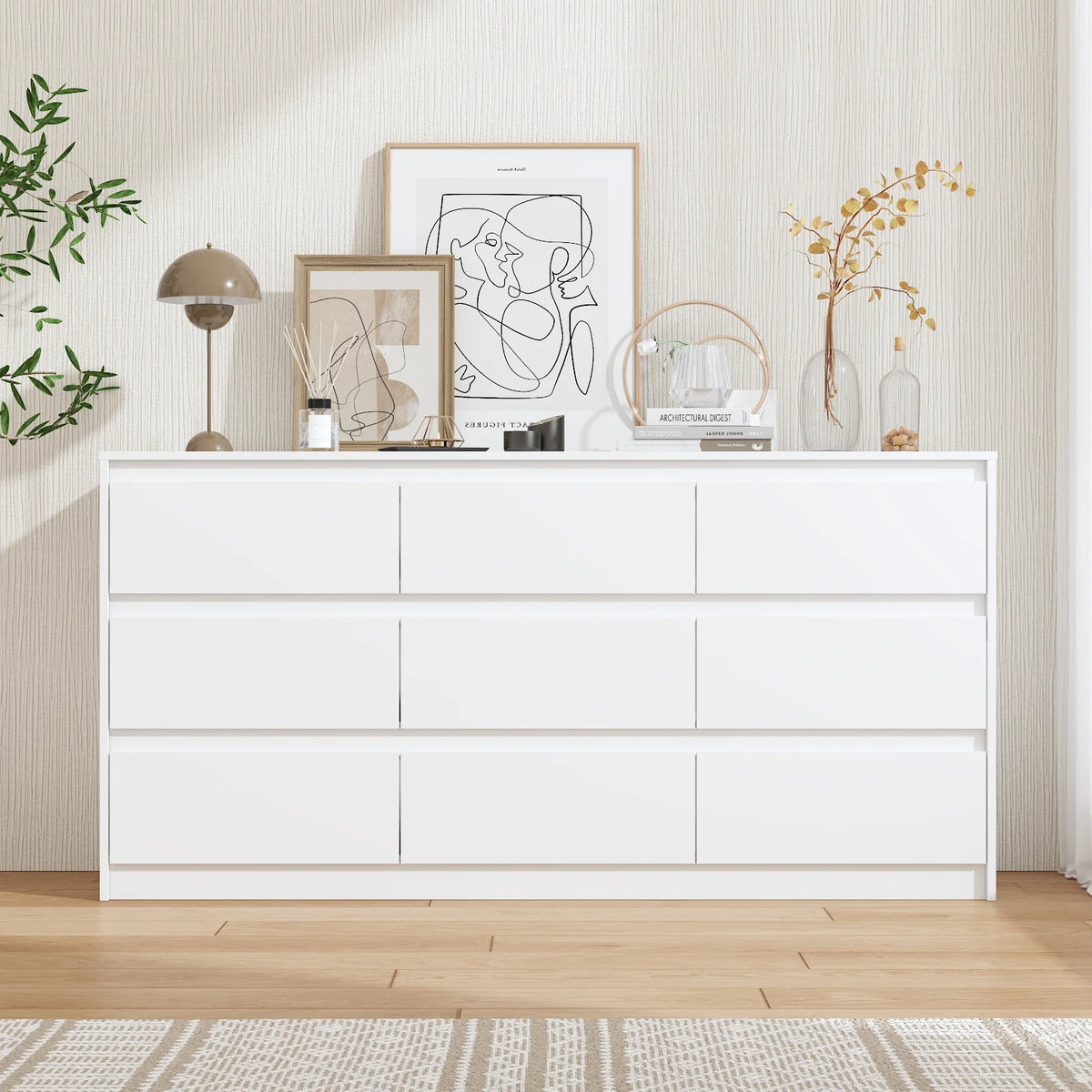 KULAGAGA 9 Drawer Dresser Chest of Drawers, 63 Wide Dressers, Modern Wood Drawer Chest Storage Organizer, No Handle Design for Bedroom Living Room Hallway, White