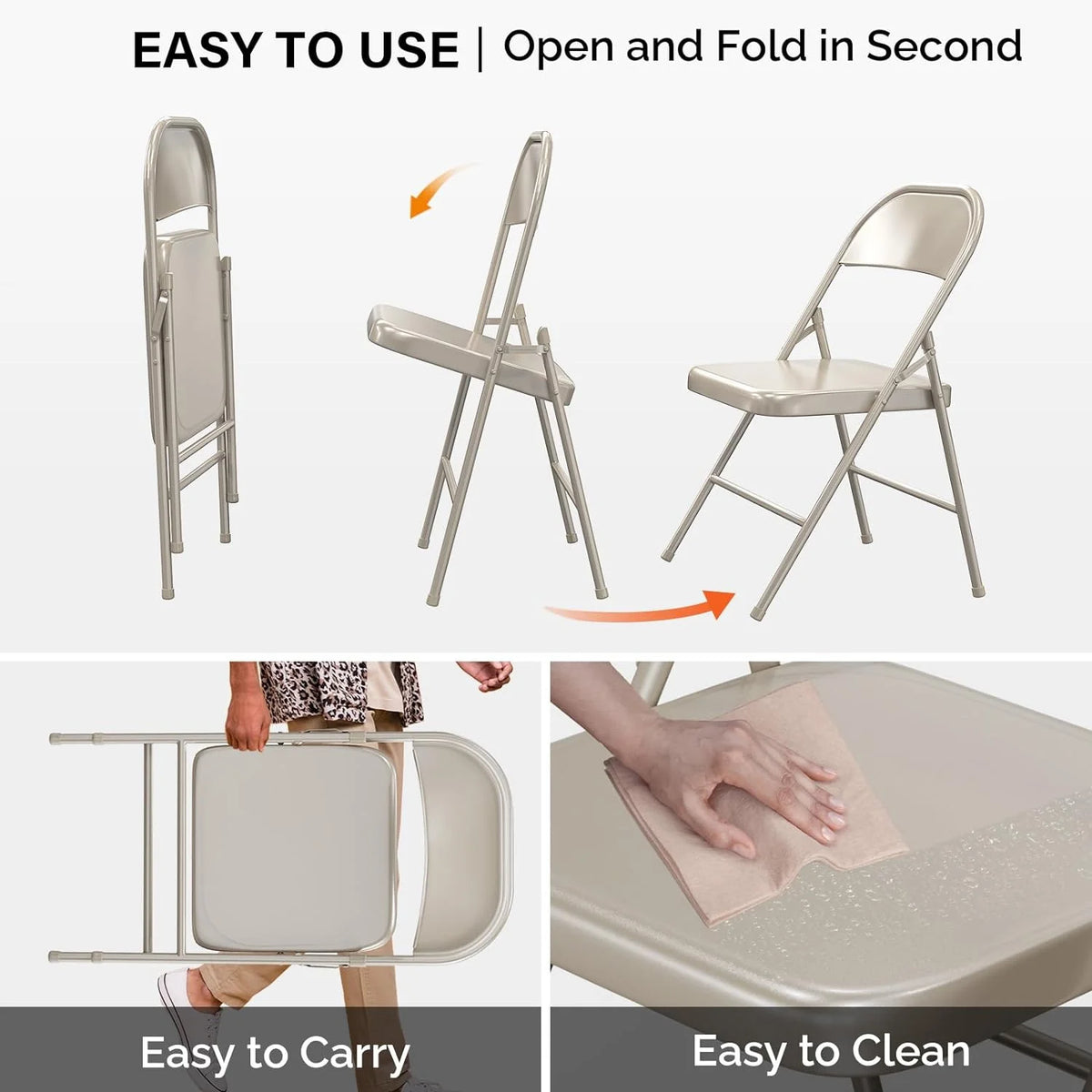 VINGLI Folding Chairs All Steel Metal Frame, Capacity 350 lbs, Durable Portable and Versatile for Indoor Outdoor Use, Black, Set of 8