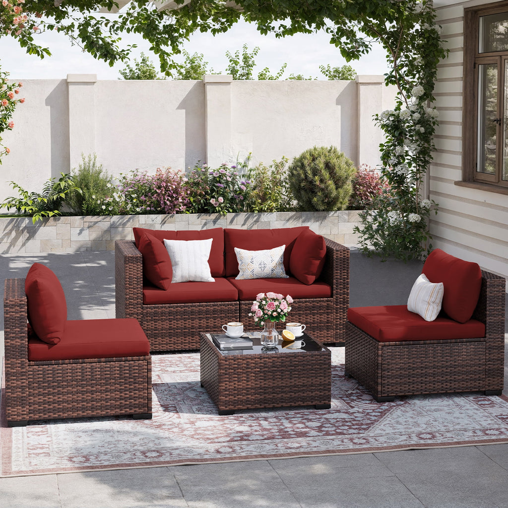 MRUAKA 8 Pieces Patio Furniture Set with Fire Pit Table, Outdoor Furniture Sectional Rattan Sofa with Slanted Back, Patio Couch with Glass Coffee Table for Backyard Garden (Dark Grey)