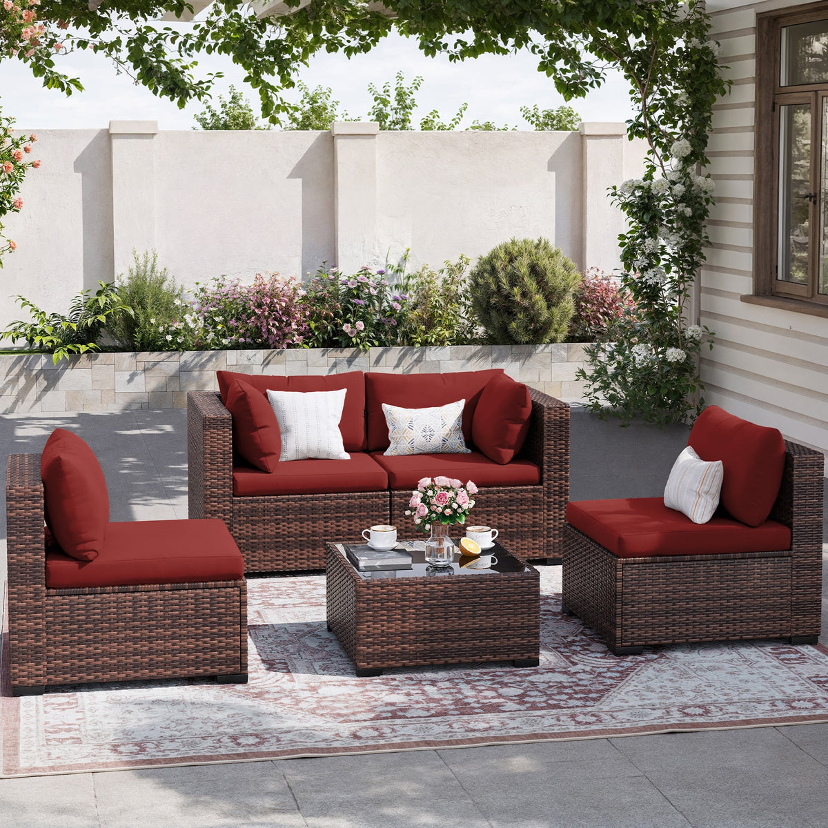 MRUAKA 8 Pieces Patio Furniture Set with Fire Pit Table, Outdoor Furniture Sectional Rattan Sofa with Slanted Back, Patio Couch with Glass Coffee Table for Backyard Garden (Dark Grey)