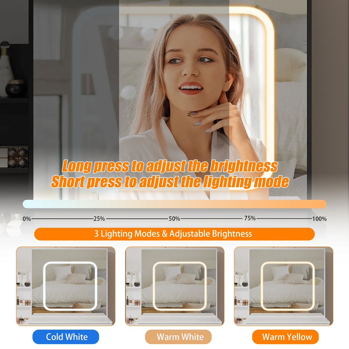 Vanity Desk with Sliding Mirror and Lights, Makeup Vanity Set with 4 Drawers, Stool, Power Outlet, Open Shelves, 3 Color Adjustable Lighting Modes, Makeup Dressing Table for Bedroom, White