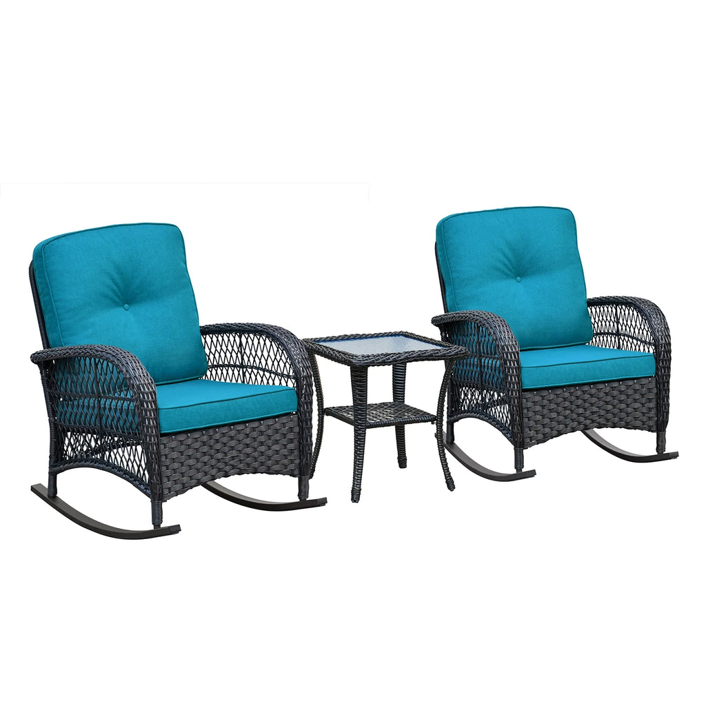 JP Outdoor 3Pcs Outdoor Wicker Rocking Porch Chairs with Coffee Table,Kahki