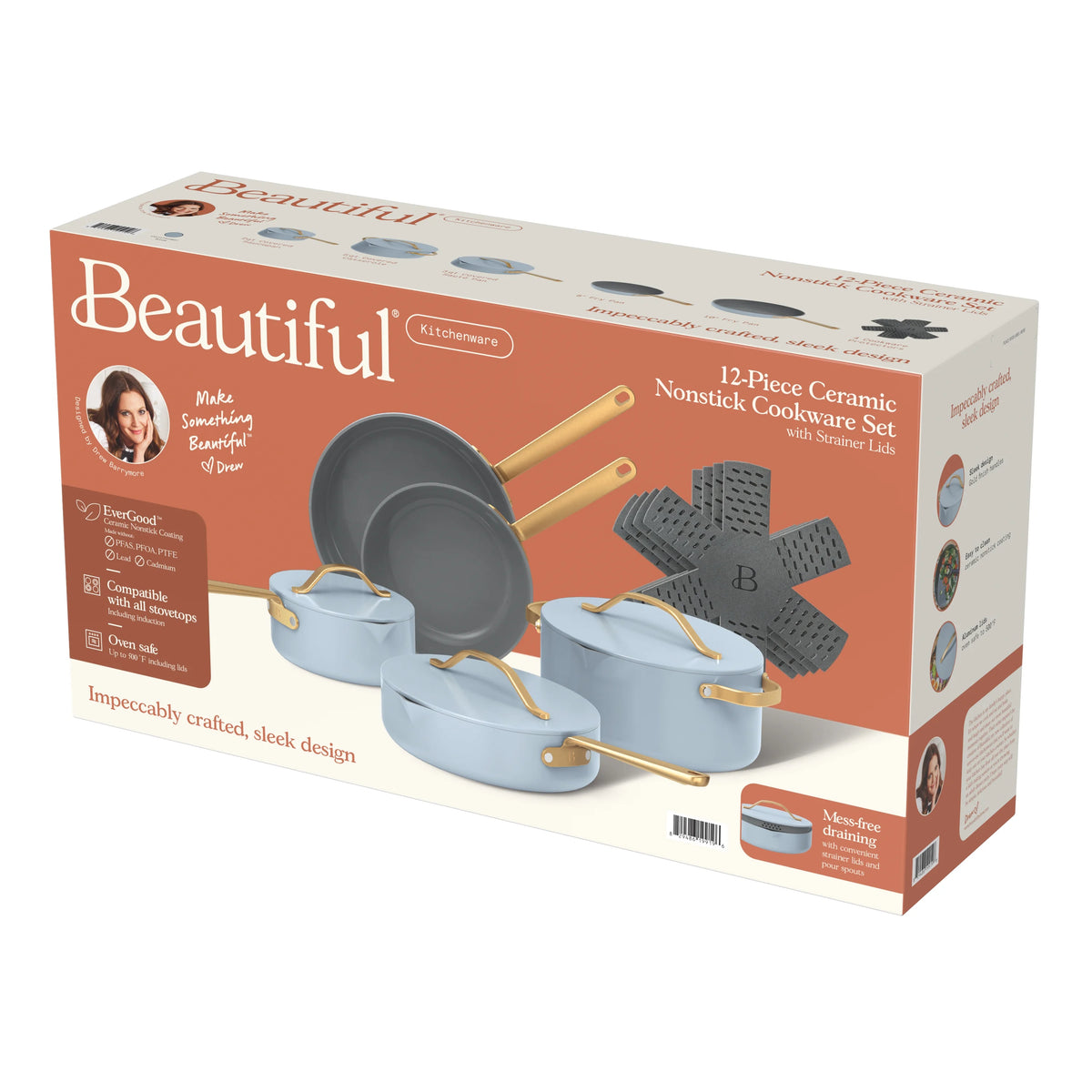 Beautiful 12pc Ceramic Non-Stick Cookware Set with Strainer Lids, White Icing by Drew Barrymore