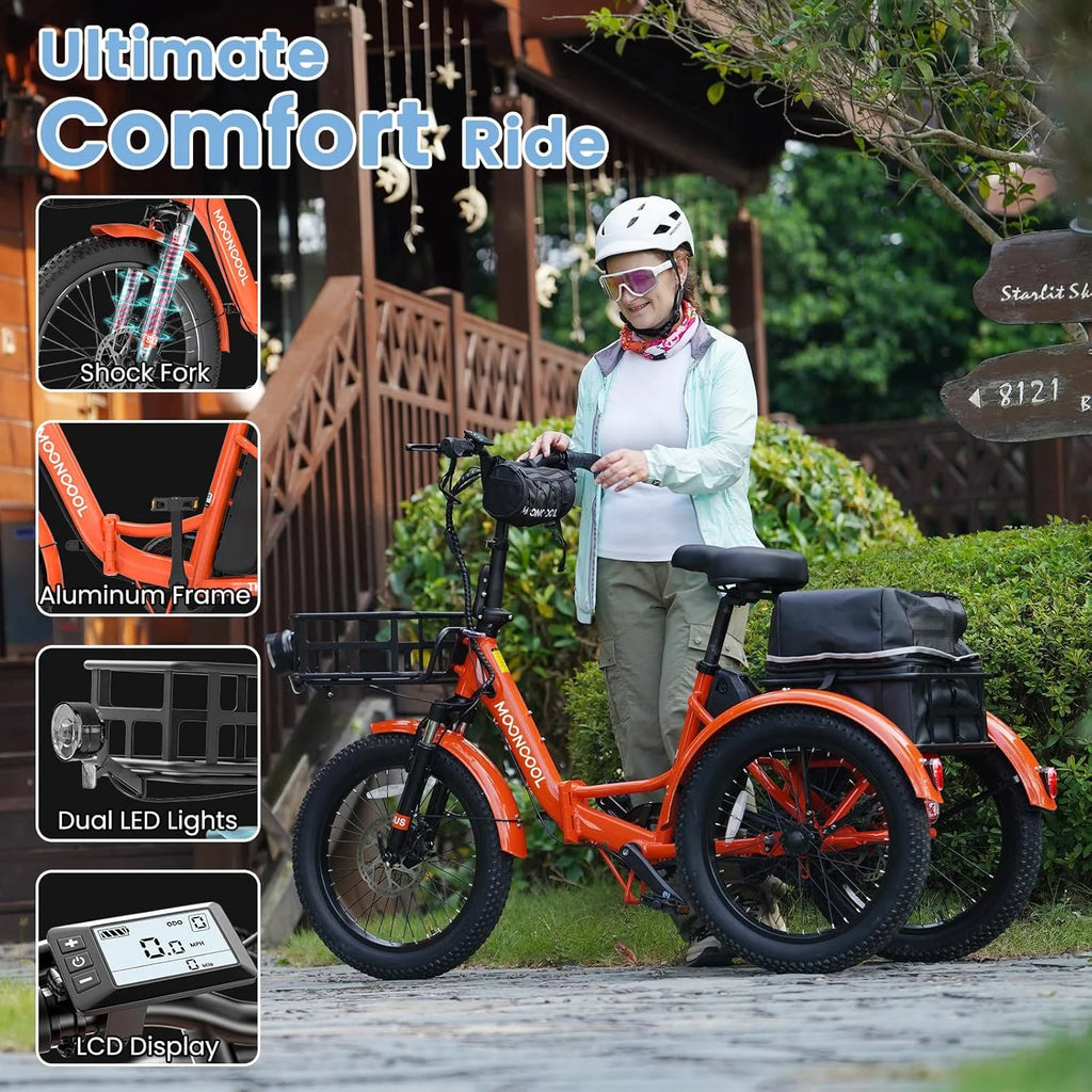 MOONCOOL TK1 Folding Electric Tricycle for Adults,48V 14.5Ah Removable battery, 500W Peak 1000w Motor, 20" Fat Tire Step-Thru 3Wheel Electric Bicycle w/Front&Rear Baskets, Certified to UL 2849 by SGS