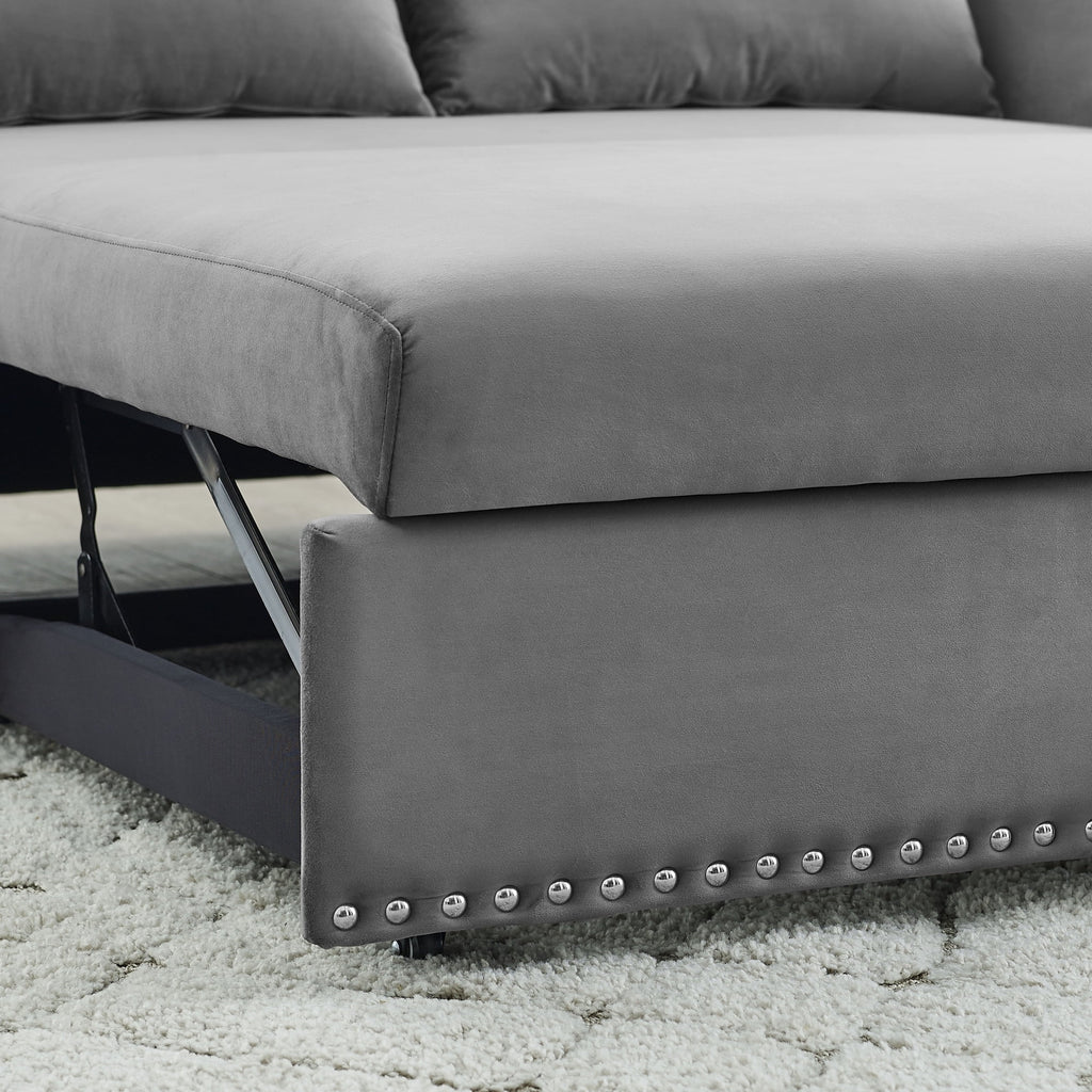 55" Convertible Sleeper Sofa Bed,3 in 1 Convertible Sleeper Loveseat with USB Ports,Modern Velvet Pull Out Sofa Bed with 2 Pillows and Rivet Design for Living Room Furniture,Gray