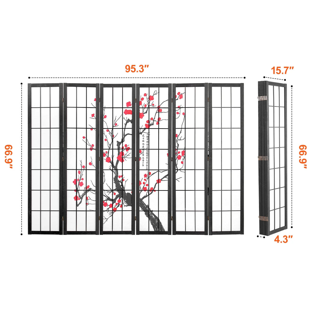 KFFKFF Partition Screen, 6-Section Indoor Privacy Barrier, Foldable Wooden Room Separator, Japanese-Style Portable Decorative Divider, Ideal for Living Space, Workspace, Dining Area